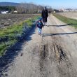 SS 2019 10 Sophie, a la carrera, Javier, Pedro, con Cogeces de Iscar al fondo.